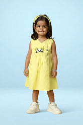 Yellow cotton baby girl dress with cute panda embroidery, sleeveless wrap neckline and flared skirt by Mini Tantini