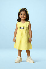 Yellow cotton baby girl dress with cute panda embroidery, sleeveless wrap neckline and flared skirt by Mini Tantini