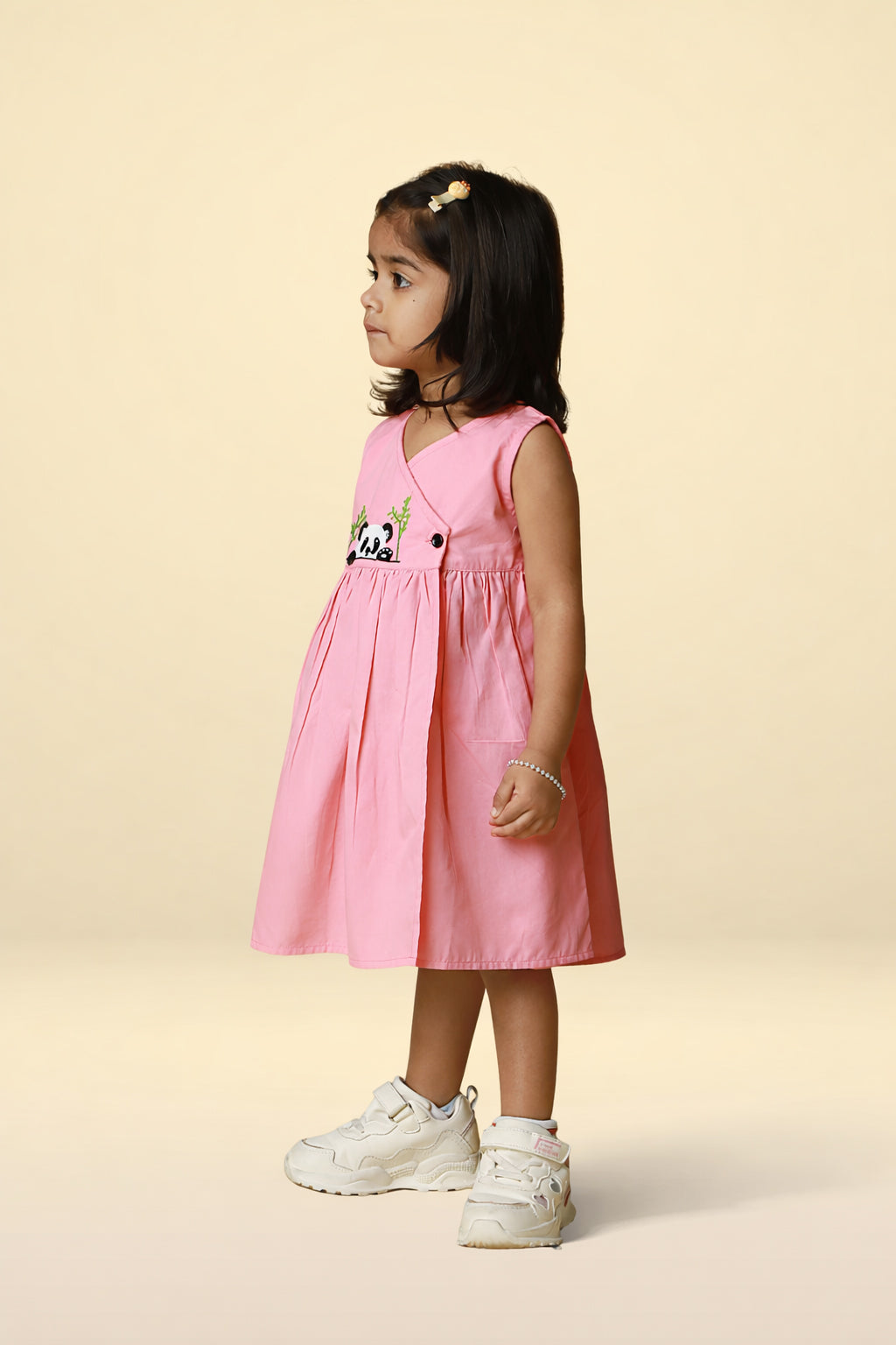 Premium pink cotton baby dress featuring panda embroidery and gathered flared skirt – Mini Tantini