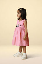 Premium pink cotton baby dress featuring panda embroidery and gathered flared skirt – Mini Tantini