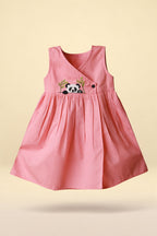 Sleeveless yellow baby frock in soft cotton with panda motif embroidery