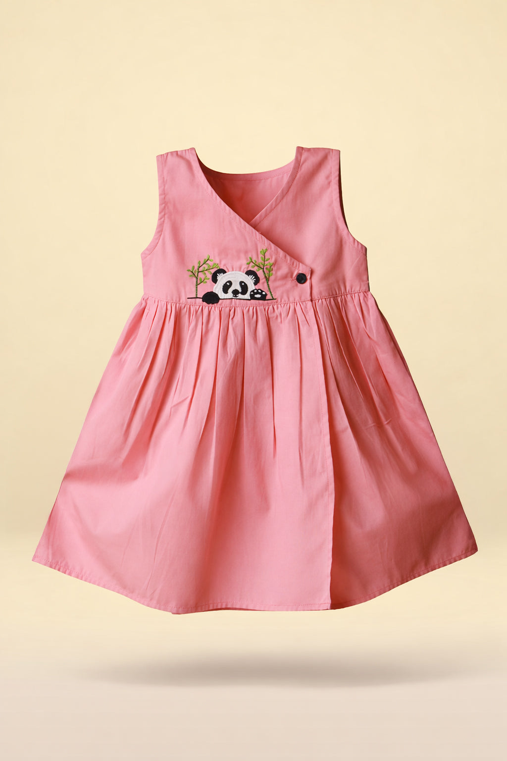 Sleeveless yellow baby frock in soft cotton with panda motif embroidery