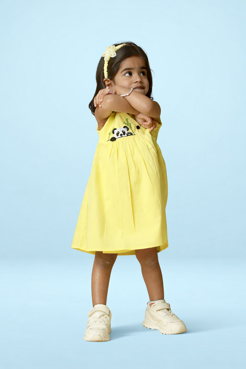 Premium yellow cotton baby dress featuring panda embroidery and gathered flared skirt – Mini Tantini