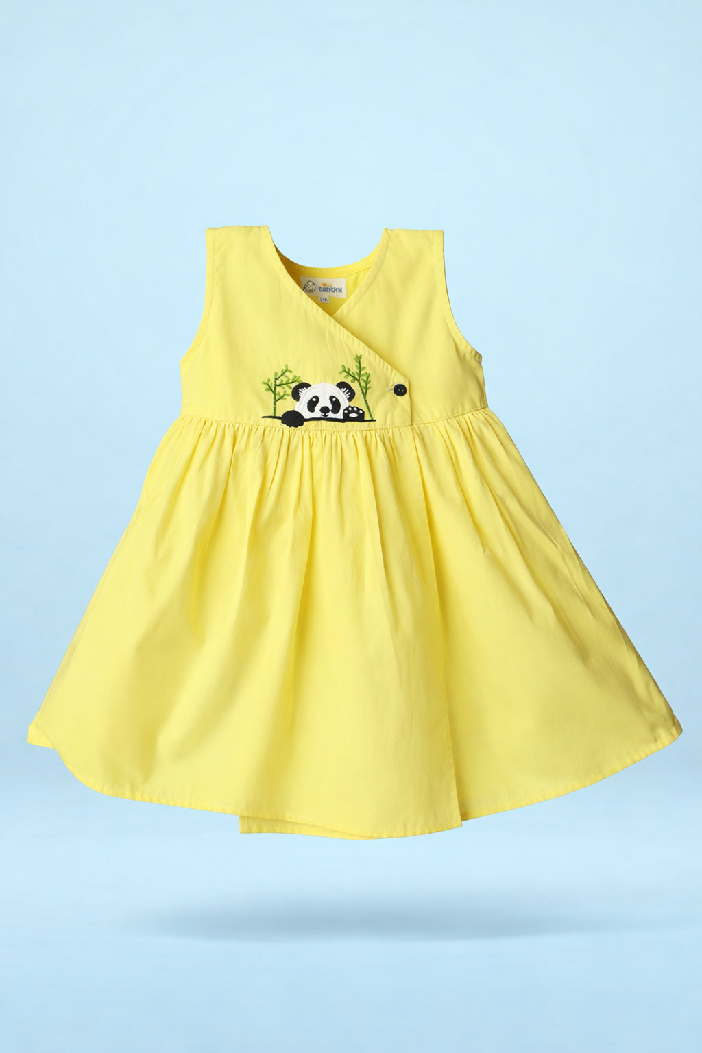 Sleeveless yellow baby frock in soft cotton with panda motif embroidery