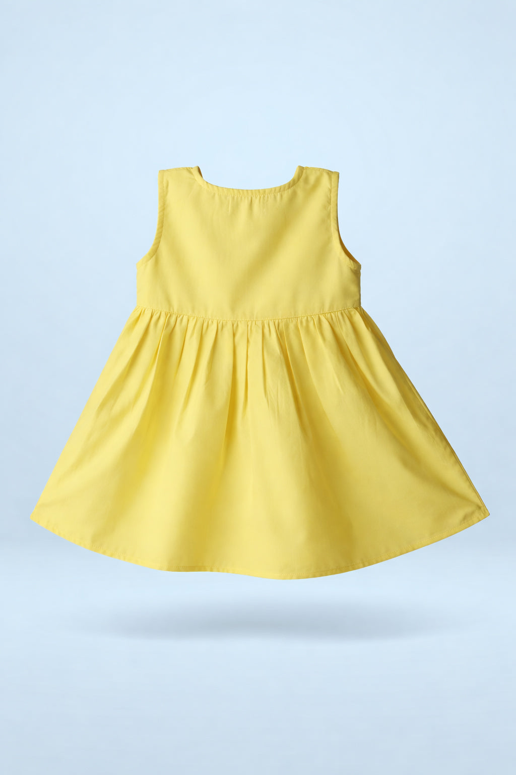 Sleeveless yellow baby frock in soft cotton with panda motif embroidery