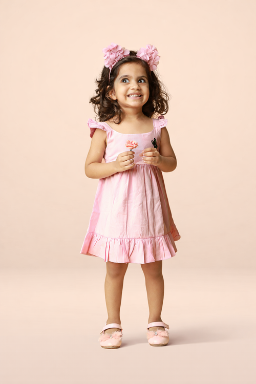 Pink cotton baby girl dress with embroidered bunny motif, flutter sleeves and tiered flared skirt by Mini Tantini